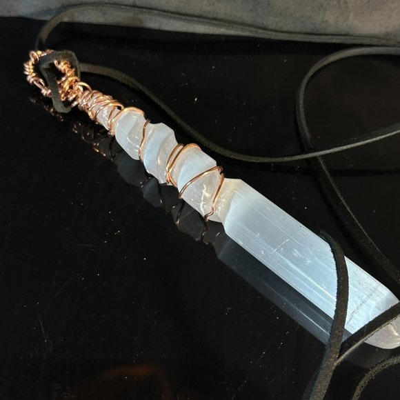 Conceptual Subculture Jewelry - Selenite Wand Copper Necklace Leather Artisan Wire Wrapped Long Unisex Healing